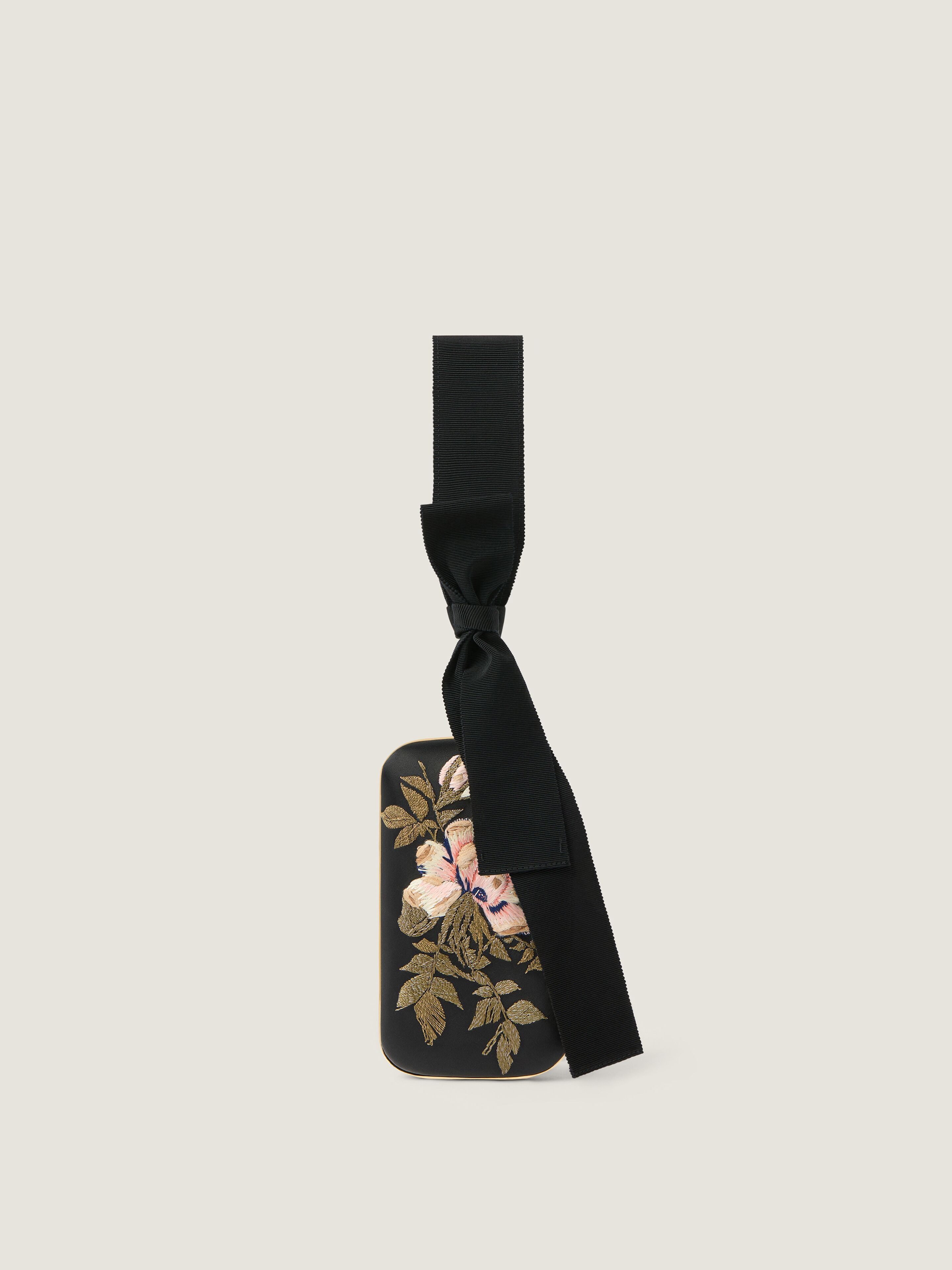 Evening clutch with floral embroideries and bow